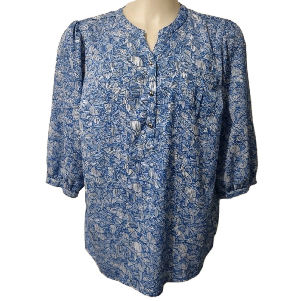 CJ Banks Blouse 1X Womens Henley Top Blue White Geometric Abstract Relaxed Fit